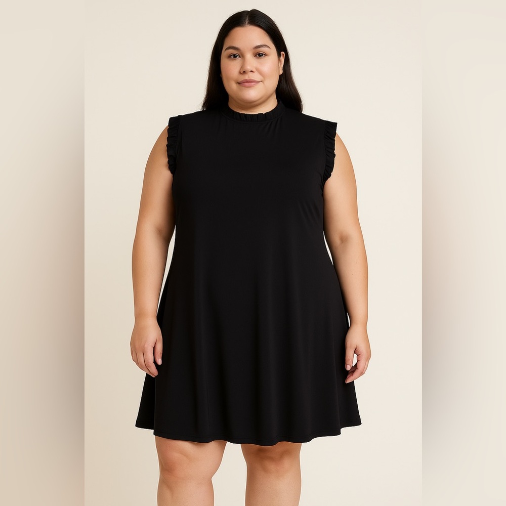 Nicole Miller New York 1X Black Ruffle Mock Neck Sleeveless A-Line Dress Stretch - Picture 1 of 12
